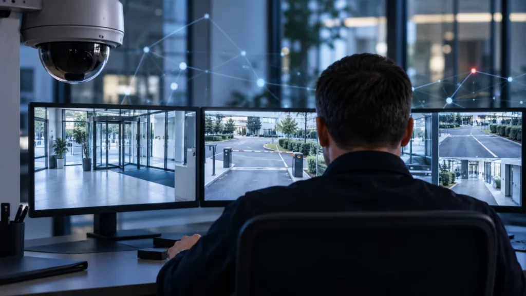 Opérateur de sécurité devant des écrans de vidéoprotection — illustration de l’IA Act